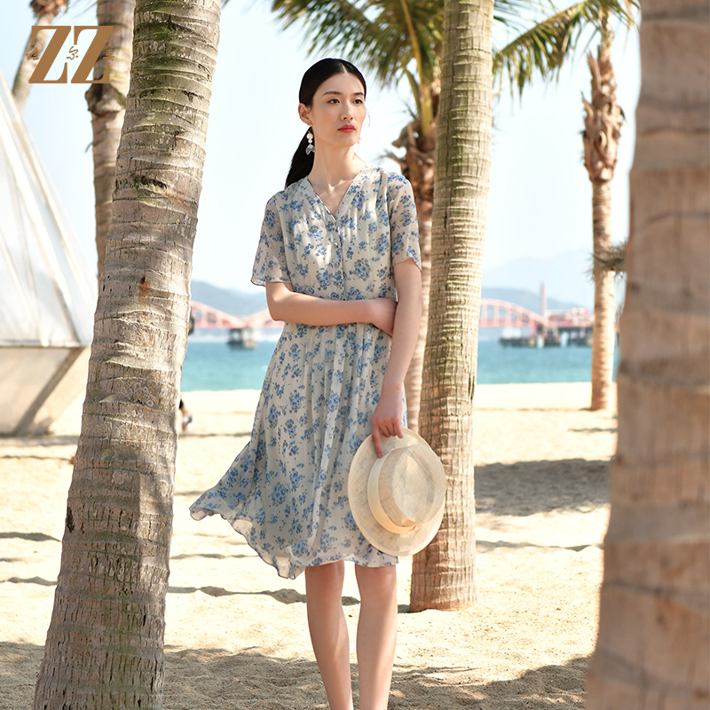 休闲小碎花100%桑蚕丝真丝连衣裙