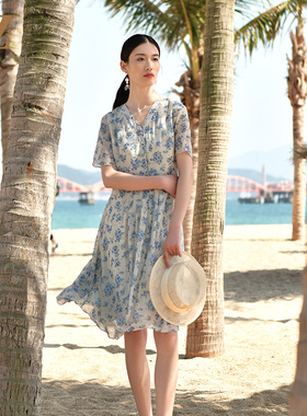 佐尔美夏季新款 真丝乔其V领碎花100%桑蚕丝连衣裙女E32LS59