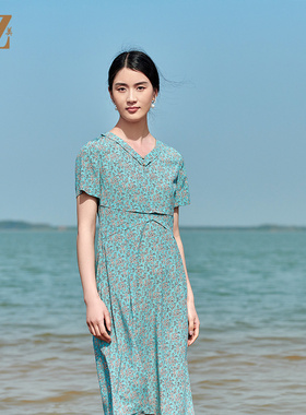 佐尔美夏季新款 桑蚕丝真丝弹力双绉小碎花连衣裙女E22LS58