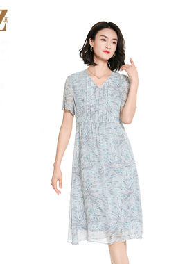 佐尔美高质感时尚气质碎花桑蚕丝短袖连衣裙女M42LS61