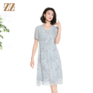 佐尔美高质感时尚气质碎花桑蚕丝短袖连衣裙女M42LS61