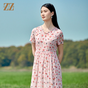 佐尔美高质感 桑蚕丝真丝乔其小碎花甜美连衣裙女E22LS52