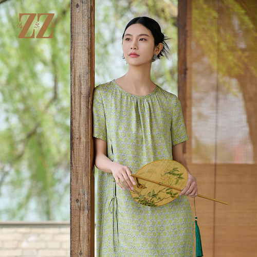 佐尔美优雅气质新中式100%桑蚕丝桑波缎提花连衣裙夏季女M52LS73