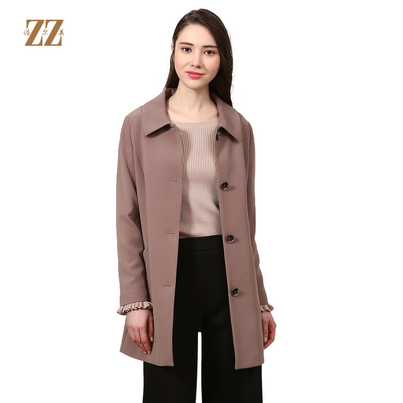 佐尔美新品春秋季女装纯色百搭休闲两色中长外套风衣上衣e73fc44