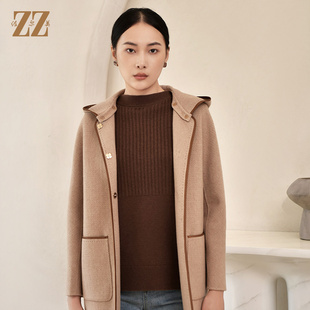 佐尔美冬季 气质连帽绵羊毛双面呢中褛外套女E24SM06 新款