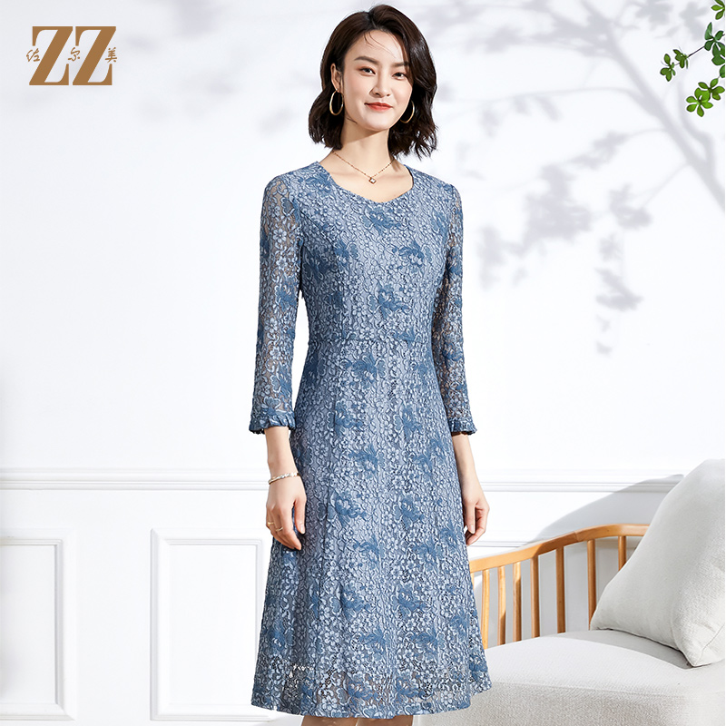 佐尔美春夏新款 蕾丝网纱7分袖收腰绣花中长连衣裙女E13LL37