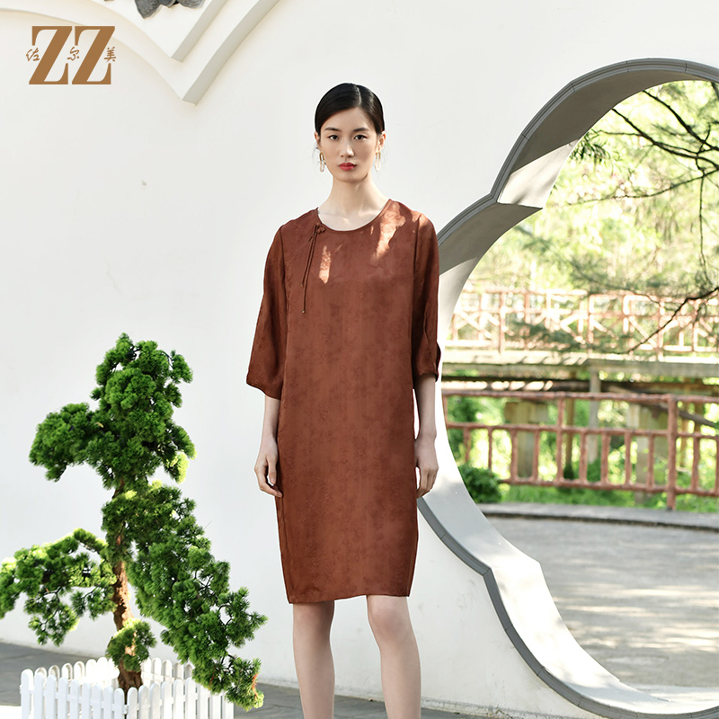 国风气质桑蚕丝真丝7分袖连衣裙