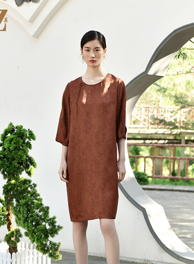 佐尔美静奢风 国风重磅印花香云纱中袖休闲连衣裙女E32LS24