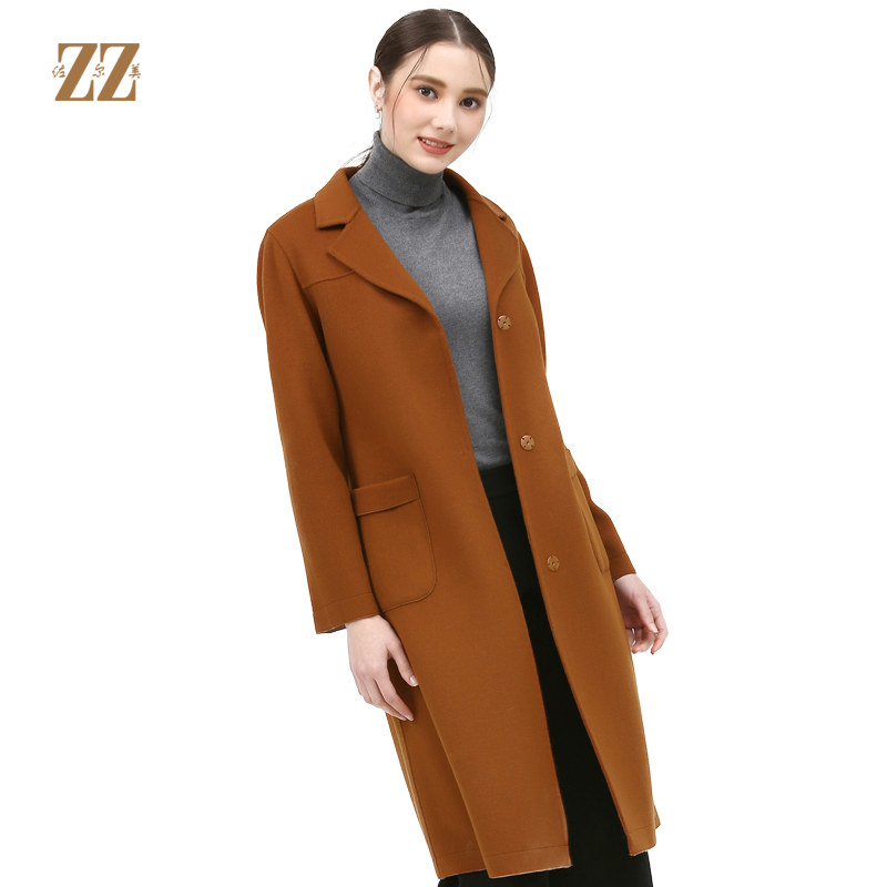 佐尔美新品冬女装纯色百搭修身双面呢羊毛山羊绒大衣外套e74sm32