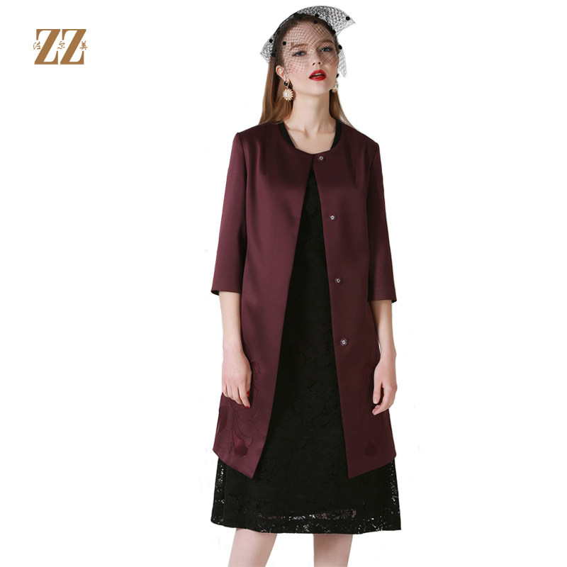 佐尔美春秋女装纯色英伦风修身显瘦中长外套中袖风衣e71fz03