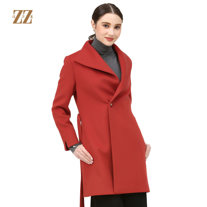 佐尔美新品冬季女装纯色百搭修身显瘦羊毛呢子大衣外套e74zz50