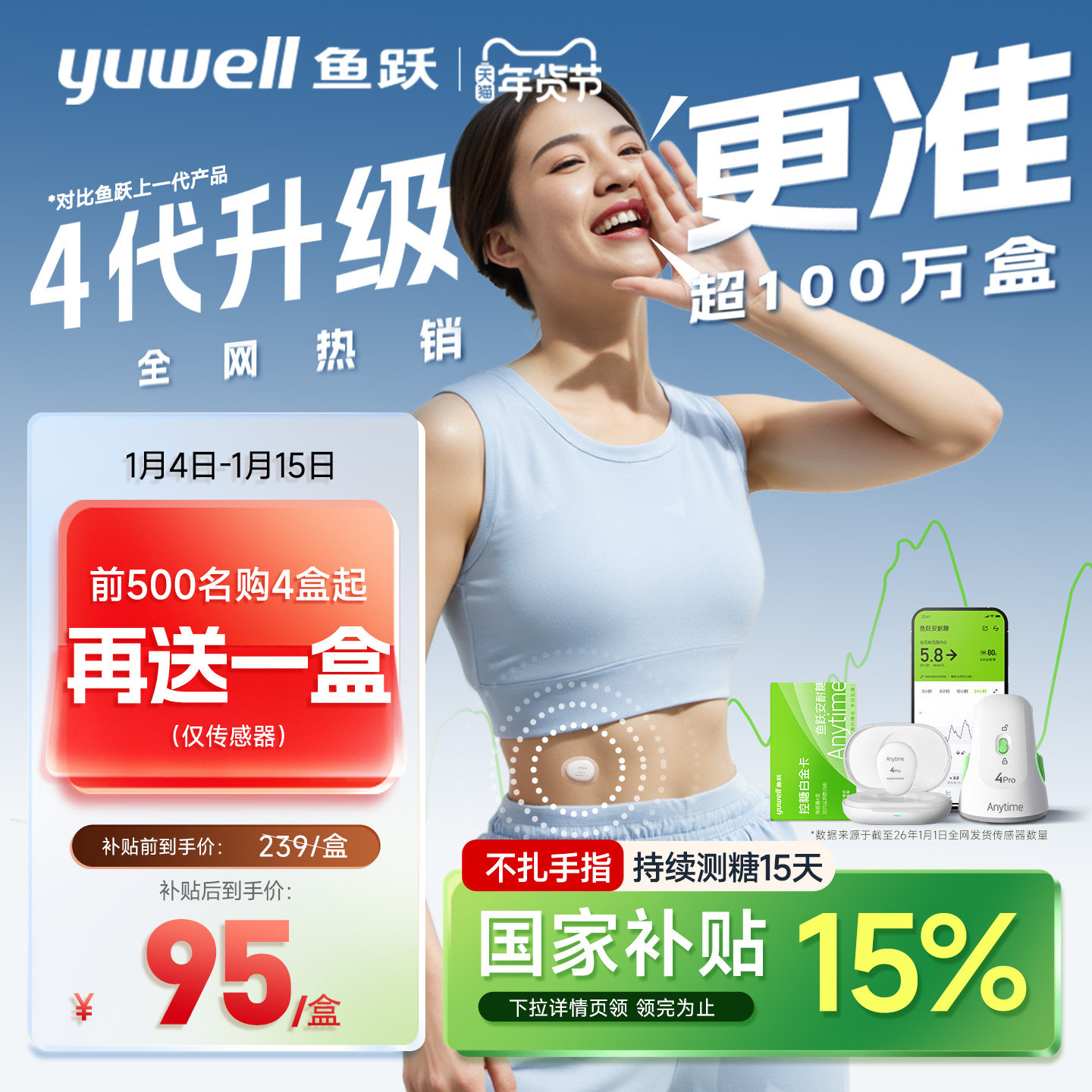 鱼跃动态血糖仪4Pro血糖动态监测仪家用精准24小时测试官方旗舰店