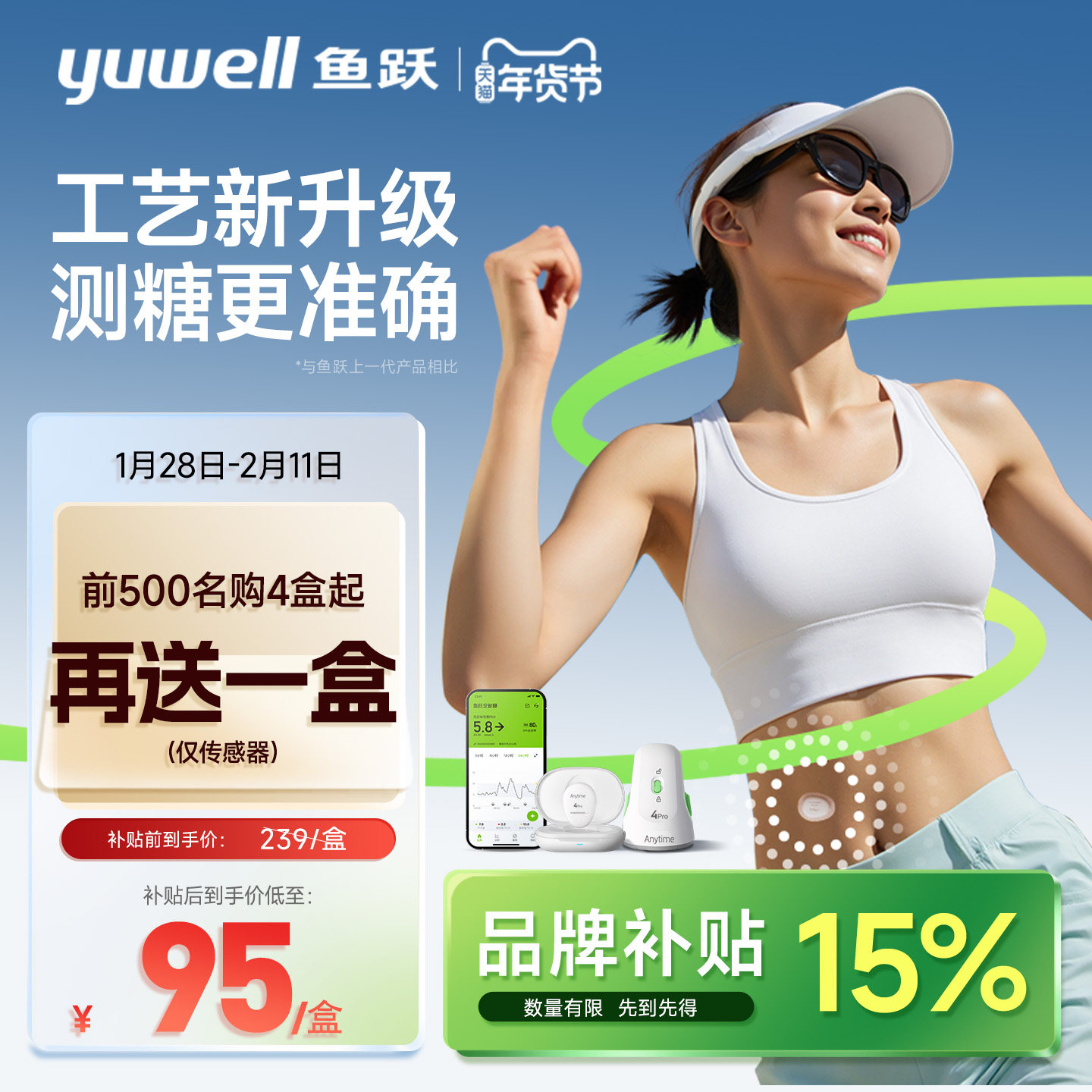 鱼跃动态血糖仪24小时血糖监测仪测血糖仪器家用检测仪安耐糖4Pro