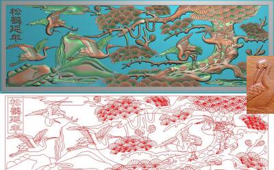 松鹤延年壁画屏风雕刻图迎客松鹤松树电视背景墙浮雕电脑石雕有线