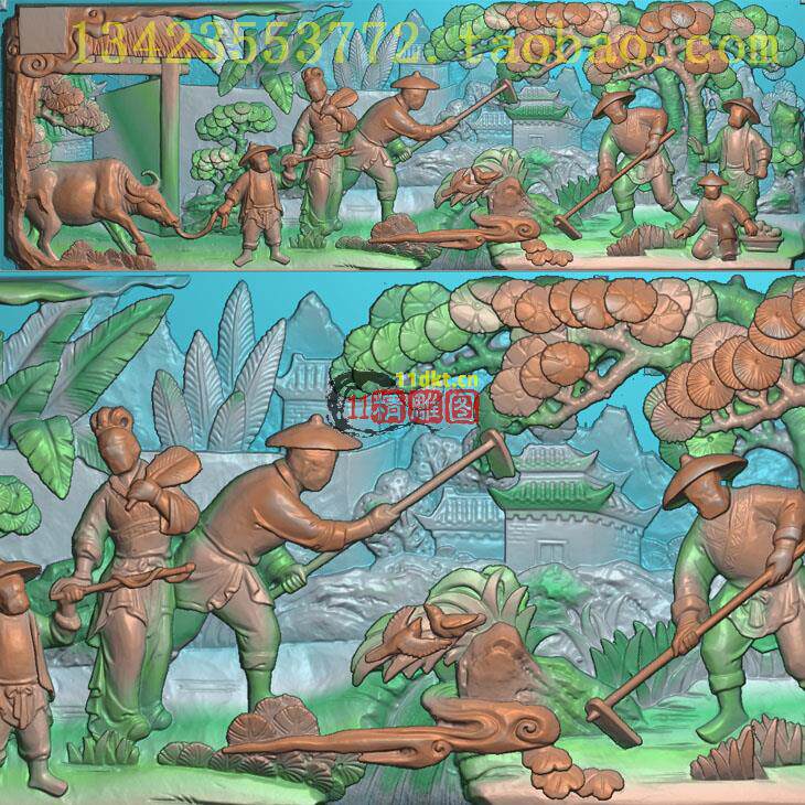 A精雕图浮雕图人物门神福禄渔樵耕读古建三国演义耕地种菜农忙