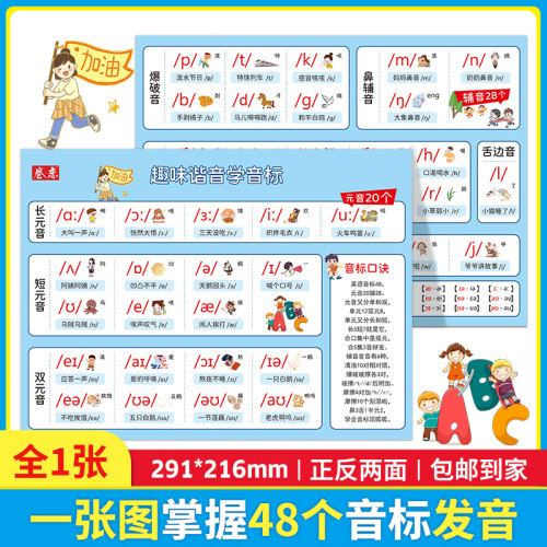 卷恋一张图掌握48个音标发音 趣味谐音学音标纸质版覆膜版A4纸张大小 291*216mm 正反两面学习垫板