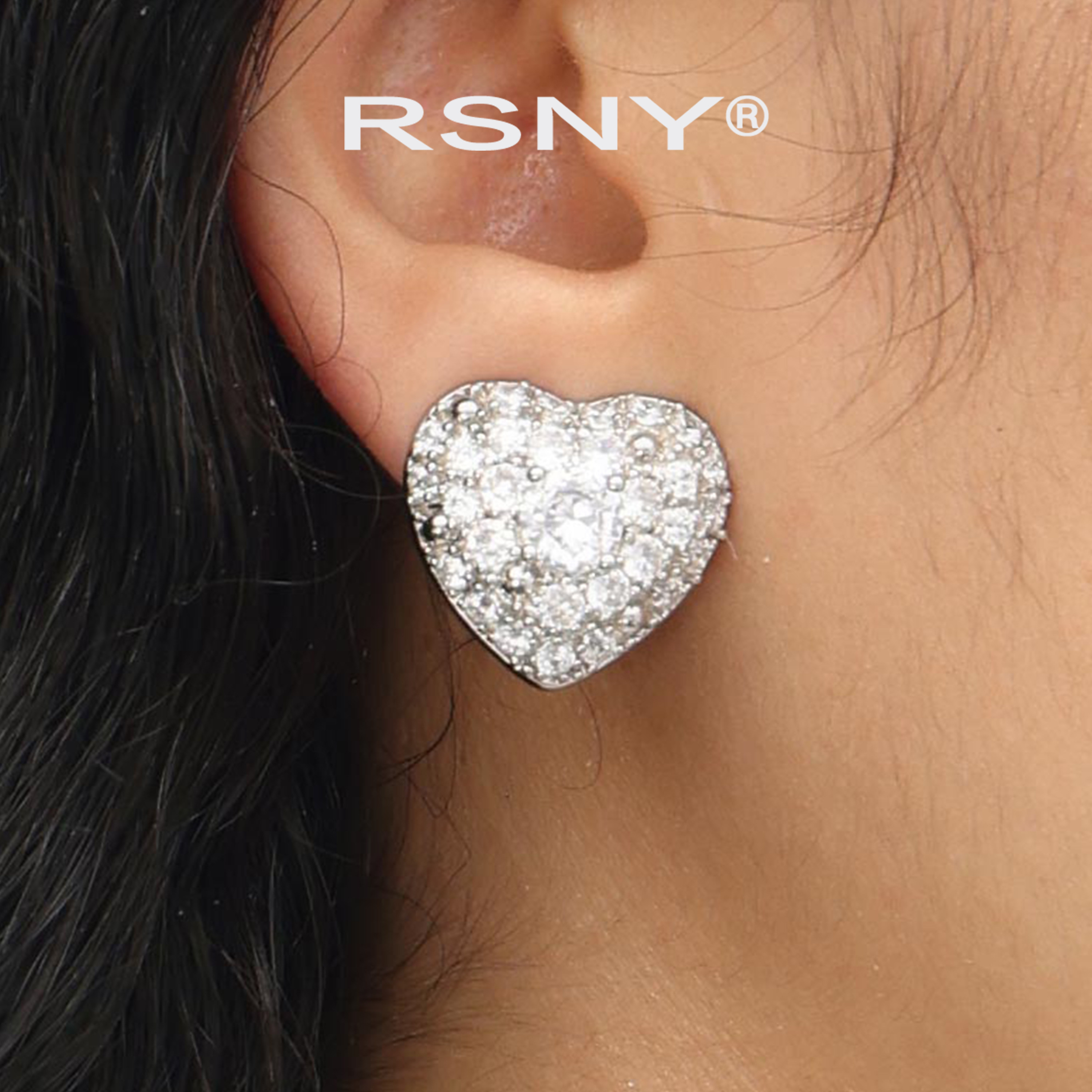 [新品]RSNY满钻爱心耳环2026新款超闪欧美气质高级感纯银耳针耳钉