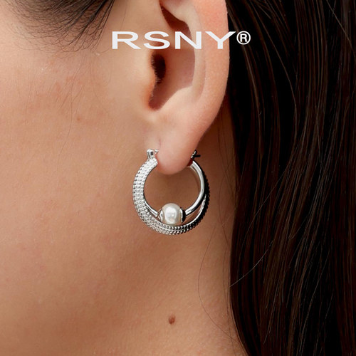 [新品]RSNY双层珍珠耳环女轻奢设计2026新款简约欧美风纯银针耳钉