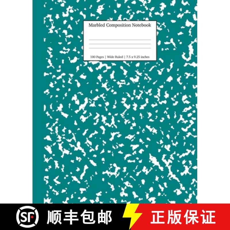 【3-4周达】Marbled Composition Notebook: Teal Marble Wide Ruled Paper Subject Book [9781989387542]