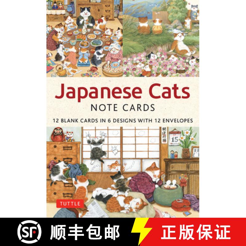 【3-4周达】Japanese Cats - 12 Blank Note Cards: In 6 Original Illustrations by Setsu Broderick with 1... [9780804857529]
