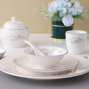 潮州市陶瓷餐具摆台金边写意山水碗盘家用高档瓷器私房菜招待商用