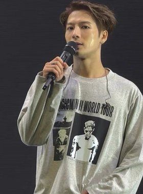 王嘉尔演唱会同款T恤韩版灰色印花套头圆领长袖打底衫周边上衣服