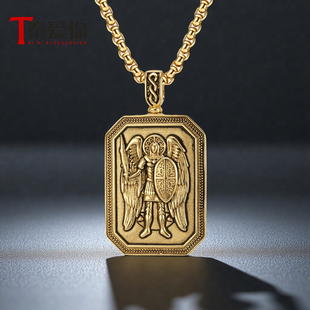 泰爱你欧美钛钢复古圣米迦勒天使吊坠项链男潮痞帅轻奢毛衣链礼物