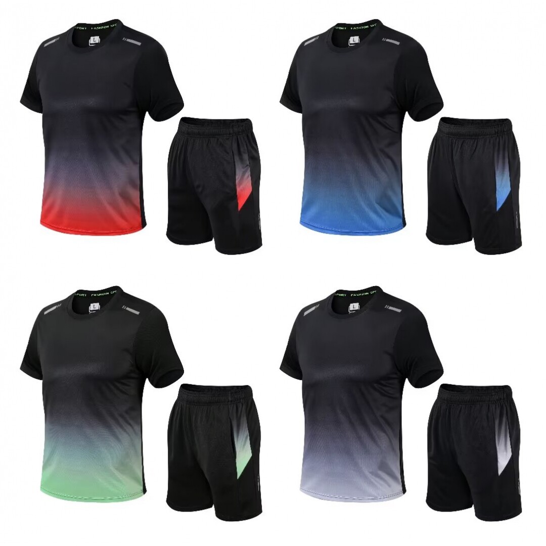 运动服套装男跑步短袖足球夏季速干衣篮球服羽毛健身衣服短裤夏天