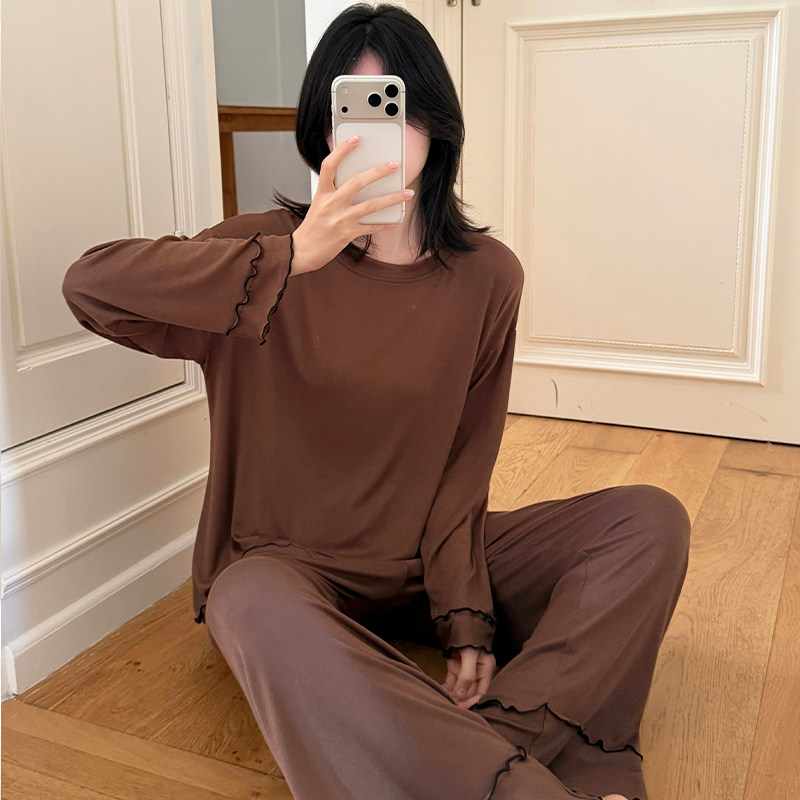 莫代尔棉圆领长袖长裤睡衣女春秋季韩系甜美花边可外穿家居服套装