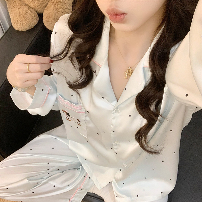 腊肠狗春秋睡衣女冰丝丝绸凉感日系卡通可爱风学生家居服两件套装