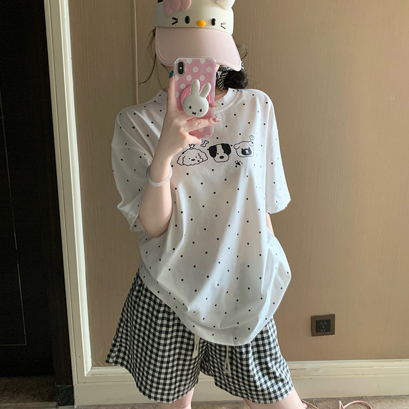 裤薄款大码家居服波点可外穿套装