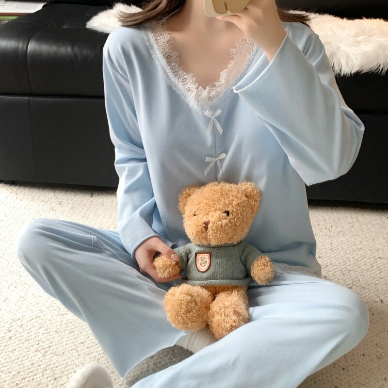 带胸垫纯棉睡衣女款春秋冬