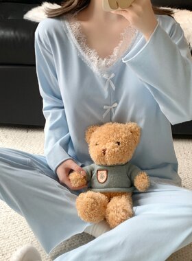 带胸垫纯棉睡衣女款春秋冬
