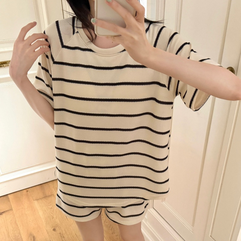 圆领短袖条纹短裤家居服两件套装