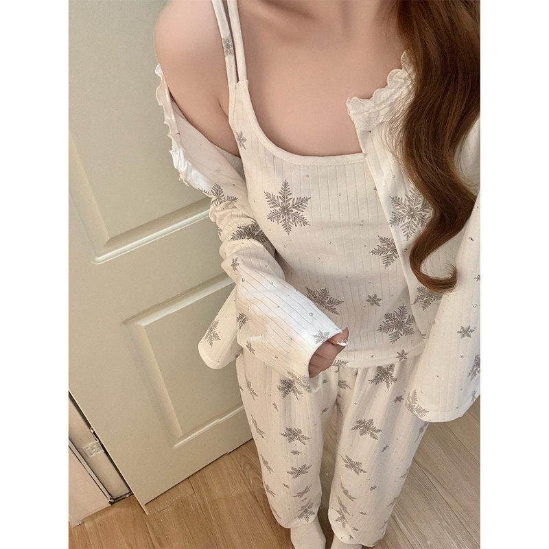 碎钻带胸垫三件吊带家居服春秋夏
