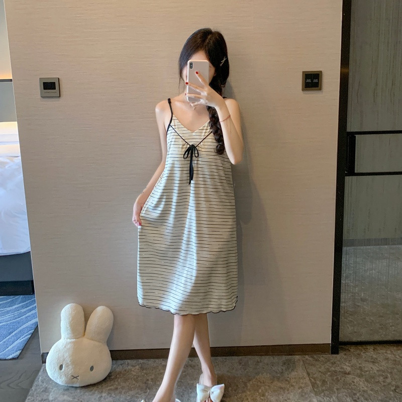 条纹睡衣女2026年夏季带胸垫简约风高级感无袖吊带背心睡裙家居服