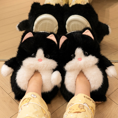 可爱猫咪棉拖鞋学生宿舍毛绒情侣拖鞋女秋冬季室内居家用厚底包跟