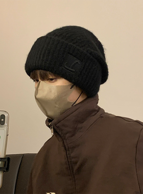 黑色棉帽宽松粗毛线男冬季大脸潮