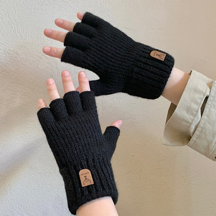 露指手套男黑色男款冬季骑行棉手套半指保暖毛线五指学生针织写字