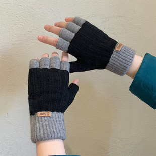 手套男骑行半指防寒棉手套男款冬季保暖针织露指毛线棉学生女秋冬