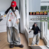 大童时髦半袖 女童夏季 儿童大版 宽松上衣小女孩体恤衫 T恤短袖 套装