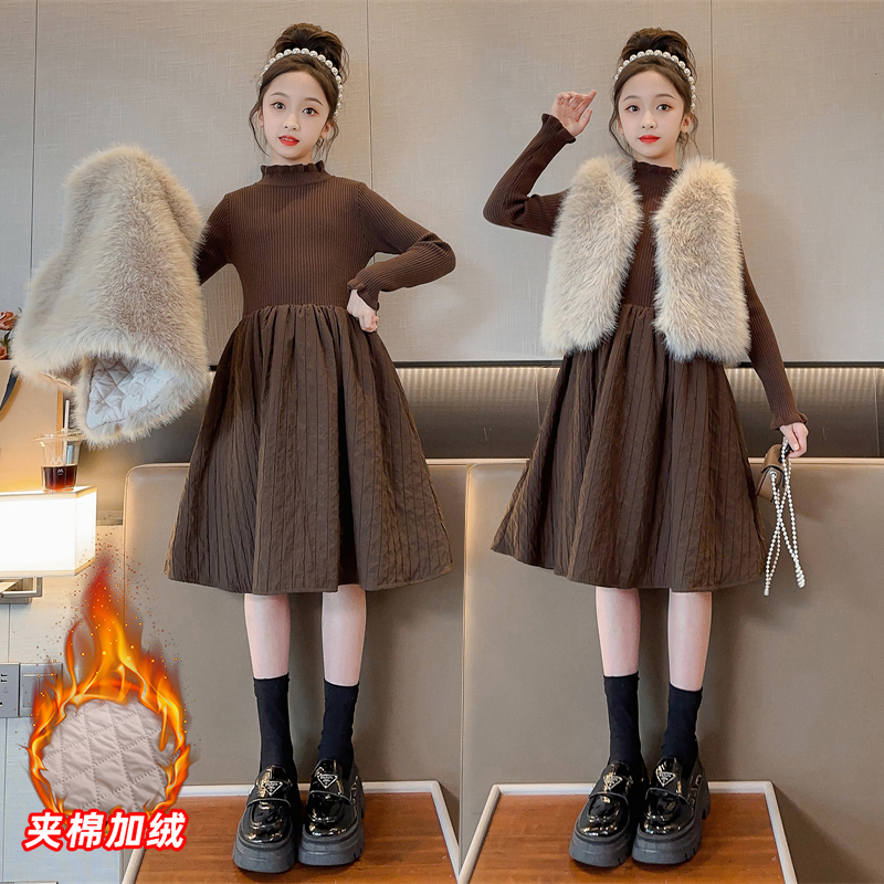 女童仿马甲+针织连衣裙