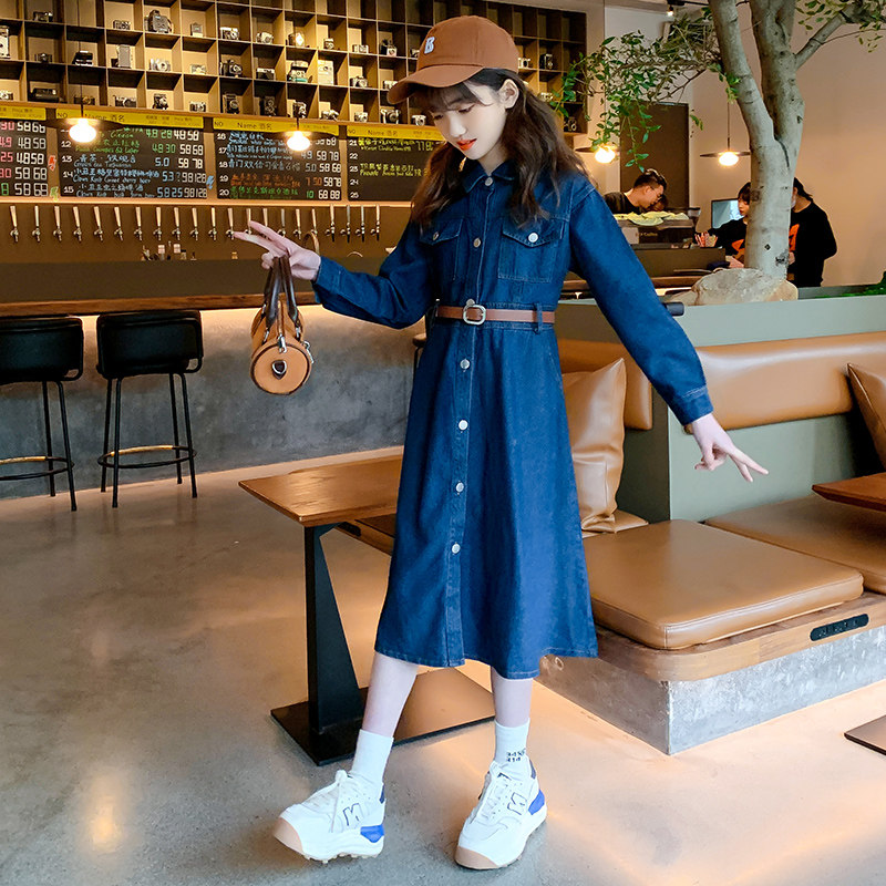 女童春秋工装长袖连衣裙儿童复古牛仔裙大童修身中长款女孩A字裙