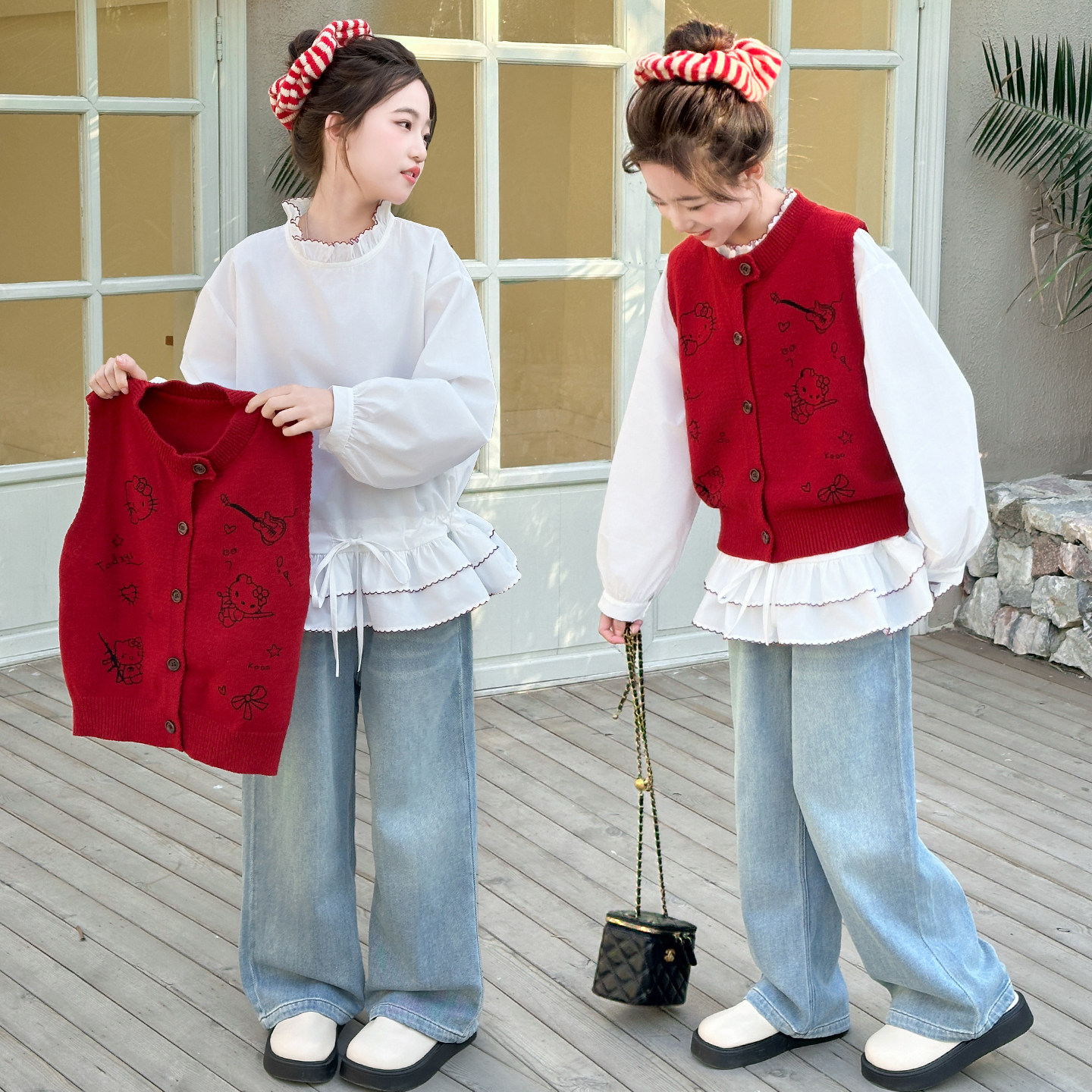 女童白色衬衫红色马甲套装