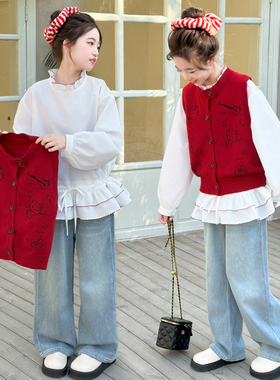 女童春秋套装2026新款儿童白色衬衫红色针织马甲中大童新年服喜庆