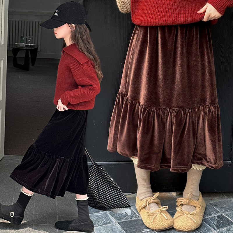 女童秋冬休闲百搭丝绒半身裙
