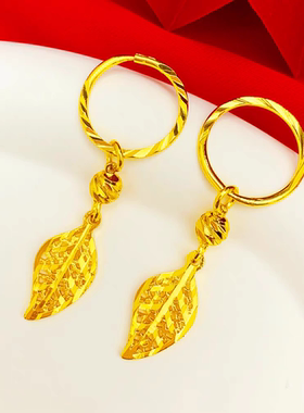 金色镂空树叶耳环耳饰纯真黄金色首饰转运珠薄荷叶耳坠饰品
