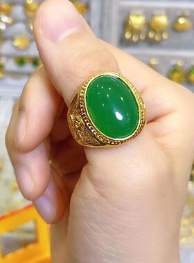 越南沙金戒指男士款霸气帝王绿黑石头久不掉色开口指环送礼