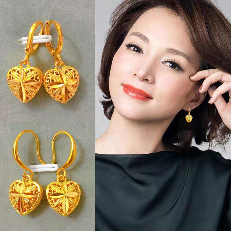 香港免税黄金色耳环女中老年人桃心耳钩耳坠招财耳饰纯真金色耳钉