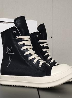 欧洲站ro高帮鞋五芒星刺绣帆布休闲板鞋2022欧美厚底情侣黑色布鞋